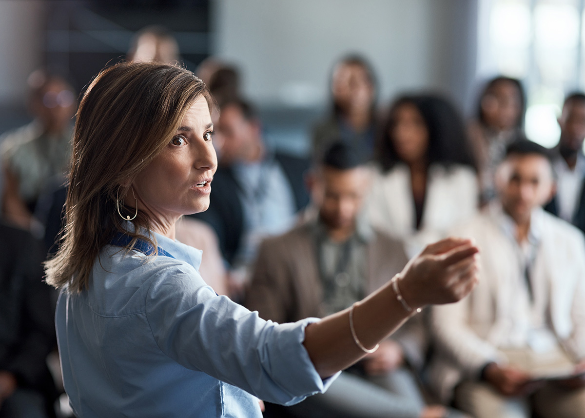 Marketing leader presenting ideas to an audience