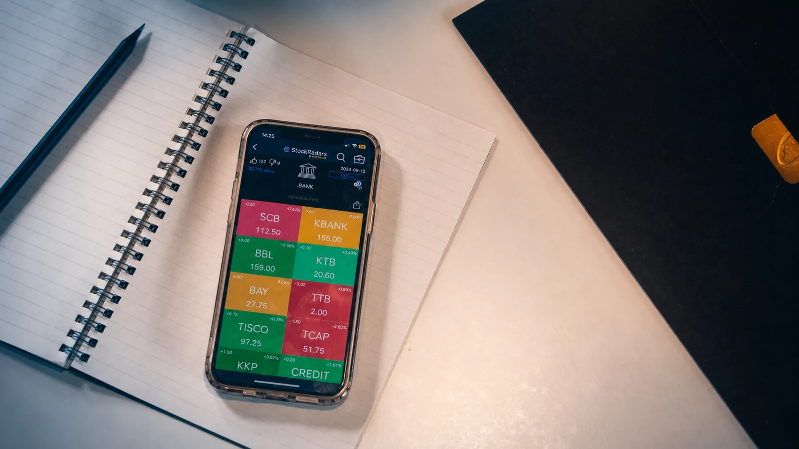 Financial market data displayed on a smartphone at a workspace