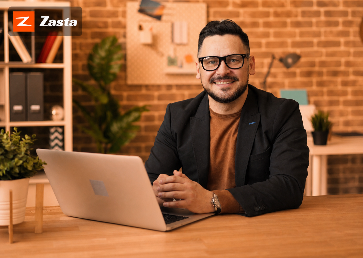 IT marketing leader at a laptop with Zasta branding