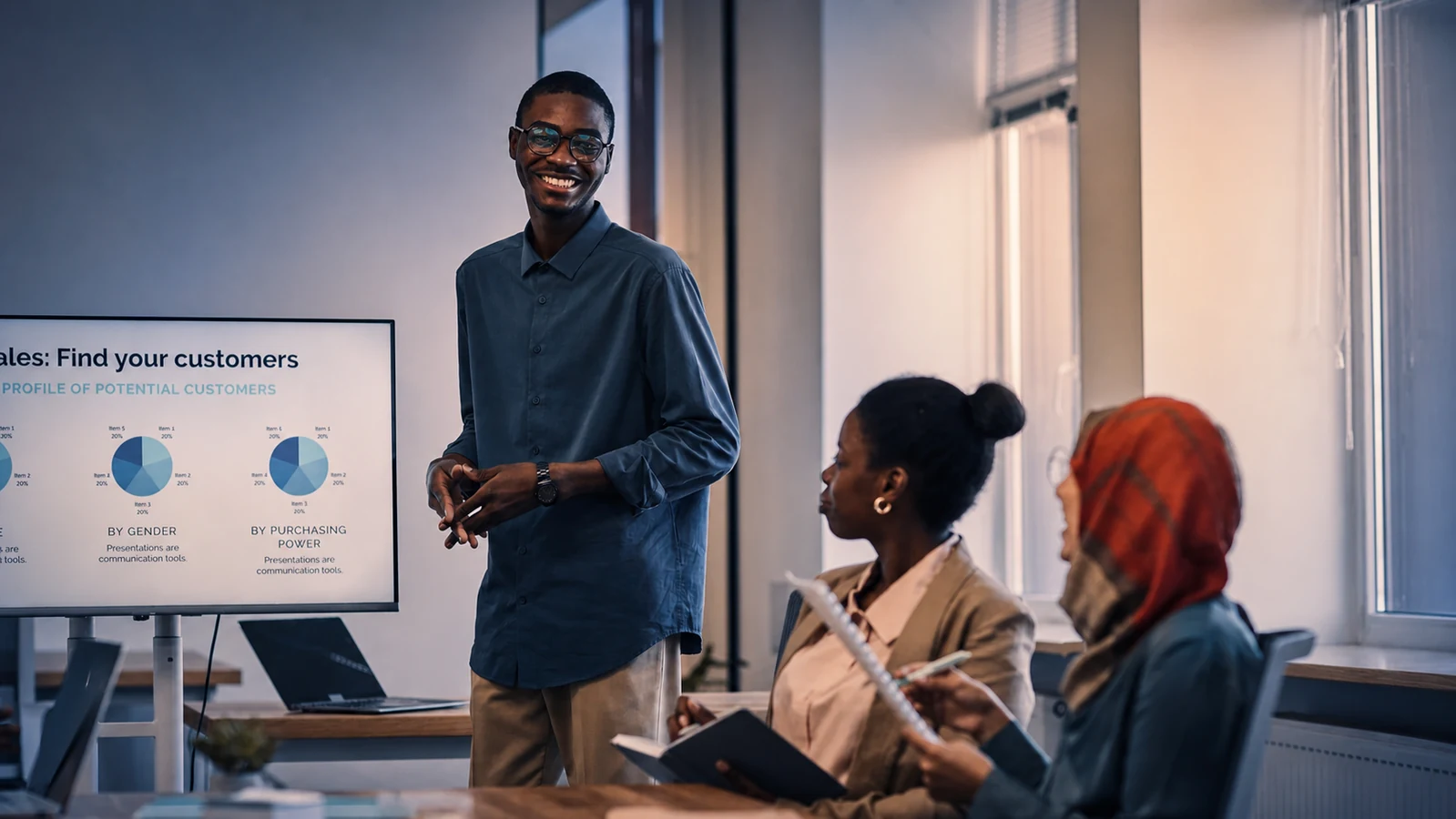 Marketing team reviewing business analytics during a presentation